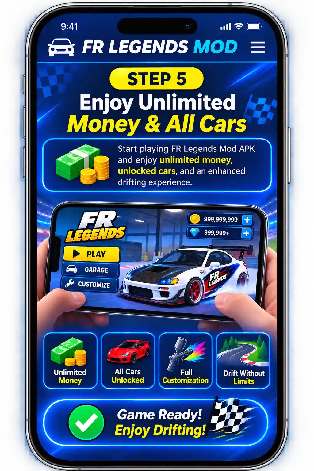 FR Legends Mod APK installation step-by-step guide showing how to download, enable unknown sources, locate and install the APK, complete installation, and launch the game with unlocked cars and unlimited money