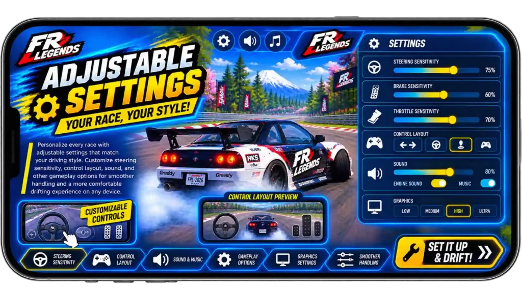 FR Legends MOD APK with adjustable steering, controls, sound, and graphics settings