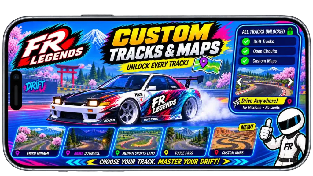 FR Legends Mod APK custom tracks and maps feature showing unlocked drift tracks, open circuits, and custom maps in a mobile mockup