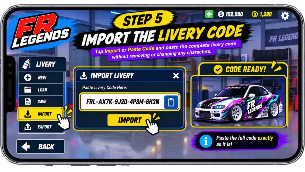 FR Legends livery code guide showing five steps to open the Garage, select a car, open the Livery Editor, choose Body or Window, and import the livery code