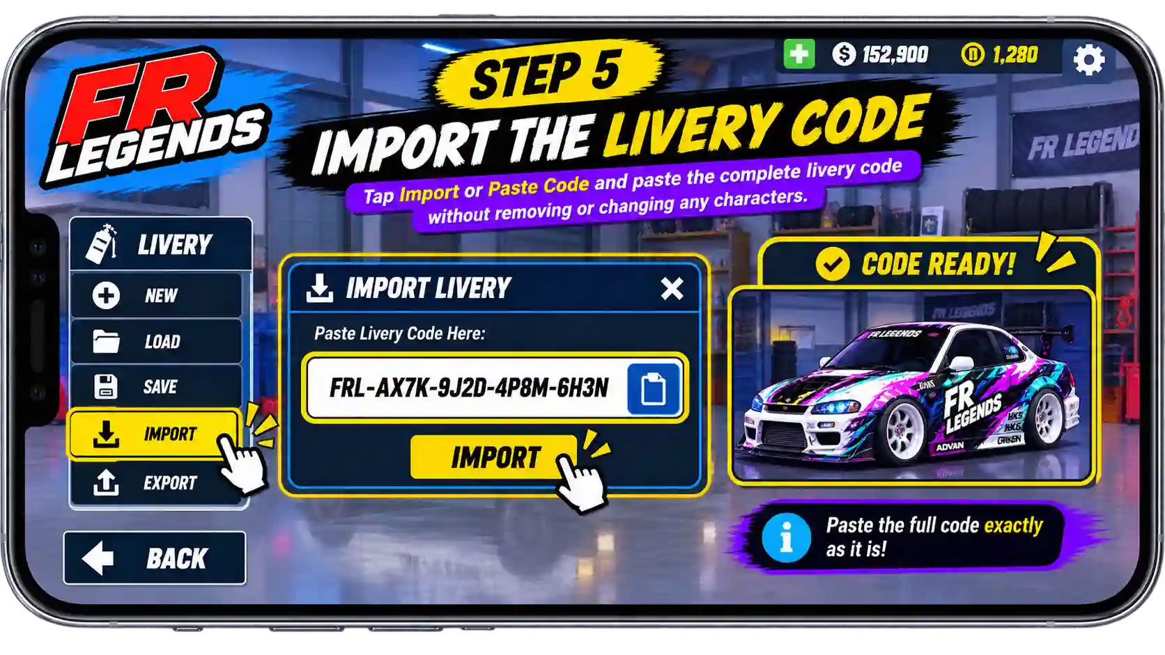 FR Legends livery code guide showing five steps to open the Garage, select a car, open the Livery Editor, choose Body or Window, and import the livery code