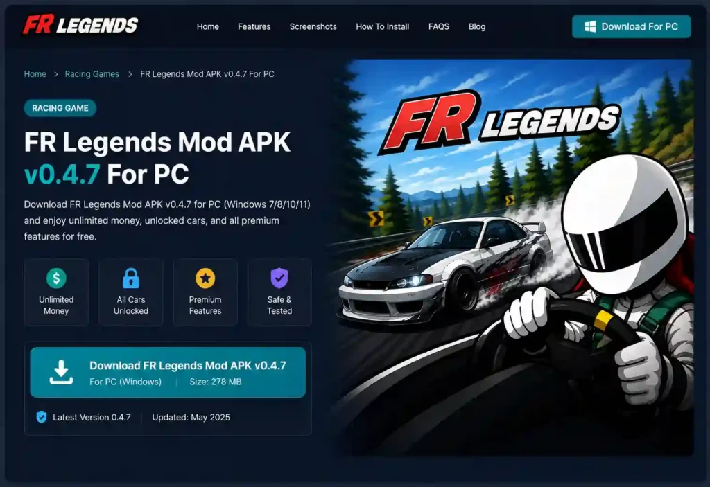 FR Legends Mod APK v0.4.7 for PC download and installation guide showing how to download the game and install it on Windows PC