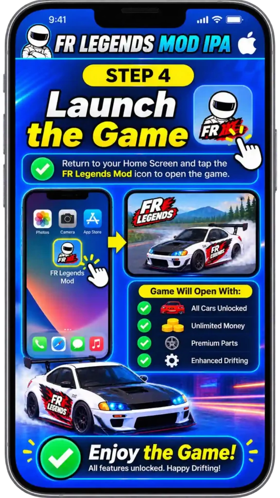 FR Legends Mod IPA step-by-step installation guide showing how to download the IPA, install it with a signing tool, trust the developer profile, and launch the game on iPhone or iPad
