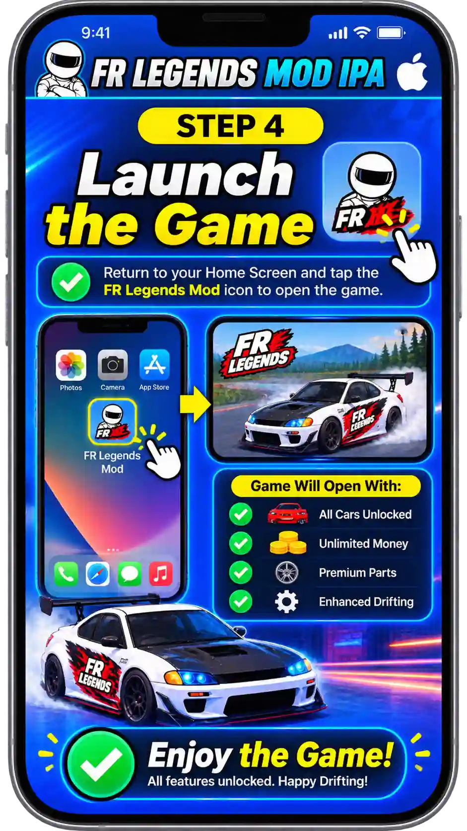 FR Legends Mod IPA step-by-step installation guide showing how to download the IPA, install it with a signing tool, trust the developer profile, and launch the game on iPhone or iPad