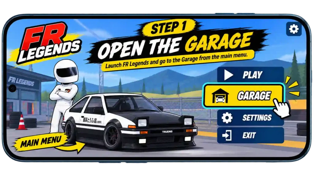 FR Legends livery code guide showing five steps to open the Garage, select a car, open the Livery Editor, choose Body or Window, and import the livery code