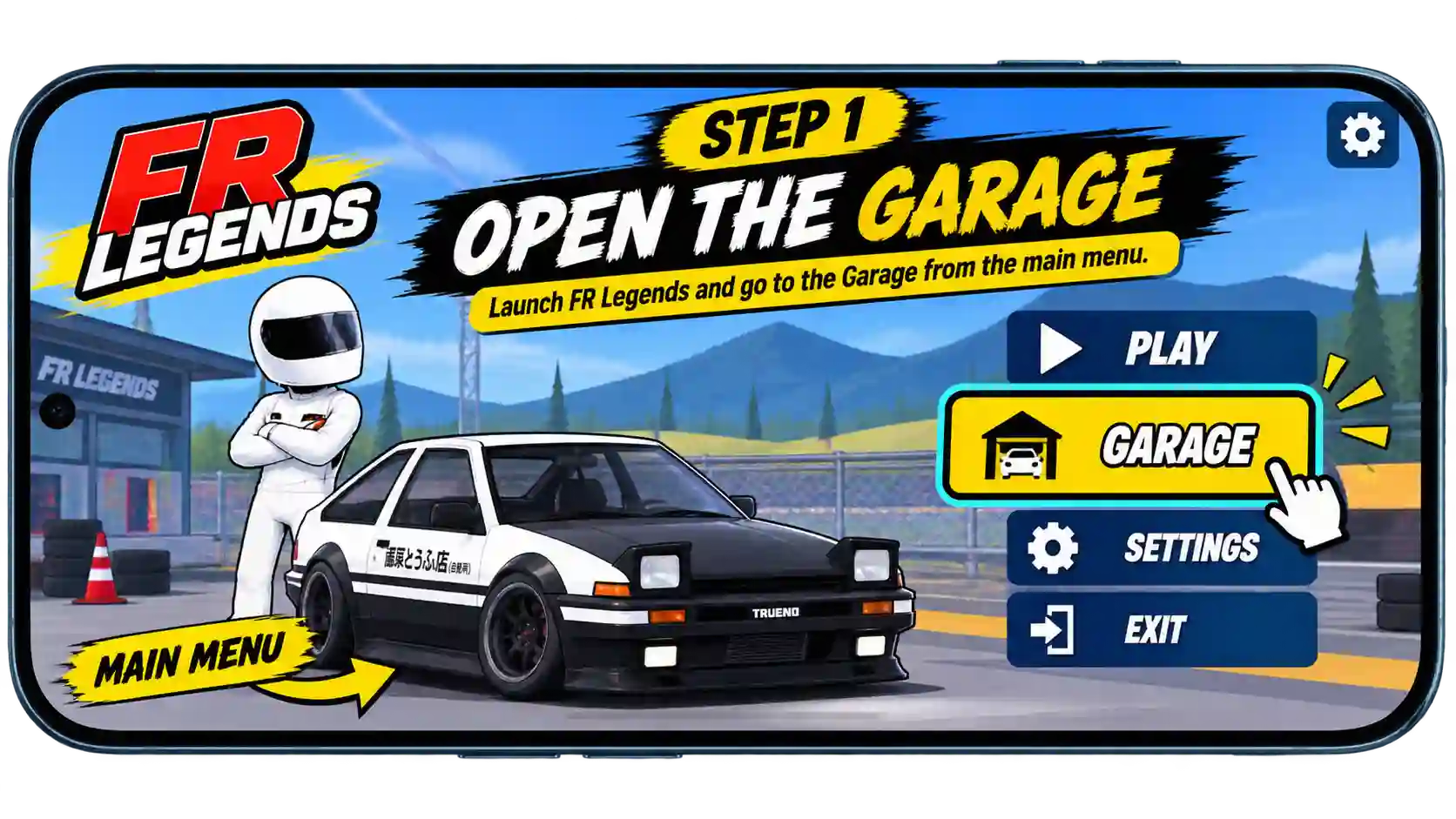 FR Legends livery code guide showing five steps to open the Garage, select a car, open the Livery Editor, choose Body or Window, and import the livery code