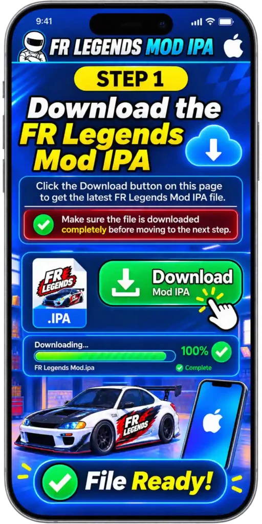 FR Legends Mod IPA step-by-step installation guide showing how to download the IPA, install it with a signing tool, trust the developer profile, and launch the game on iPhone or iPad