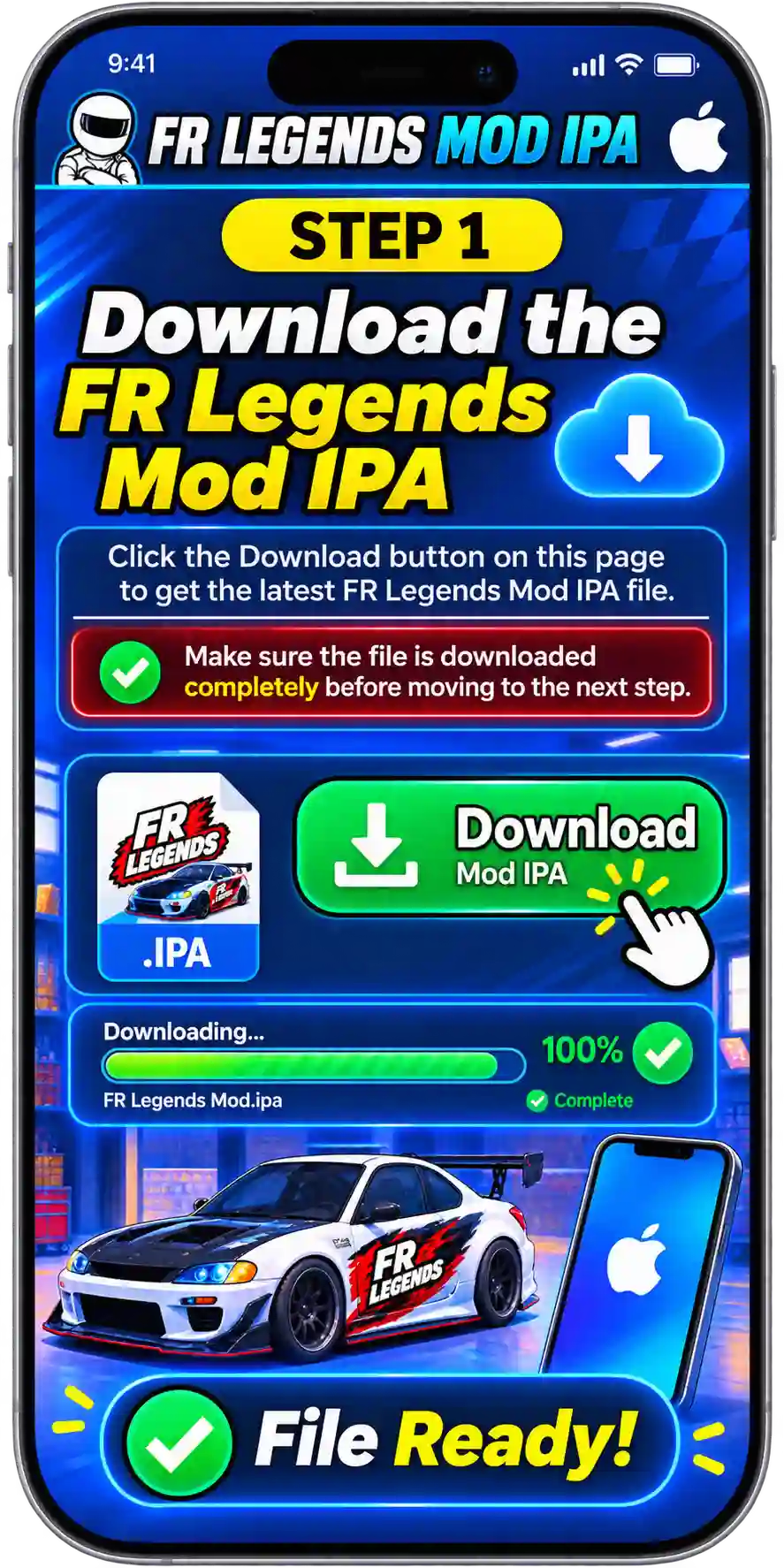 FR Legends Mod IPA step-by-step installation guide showing how to download the IPA, install it with a signing tool, trust the developer profile, and launch the game on iPhone or iPad