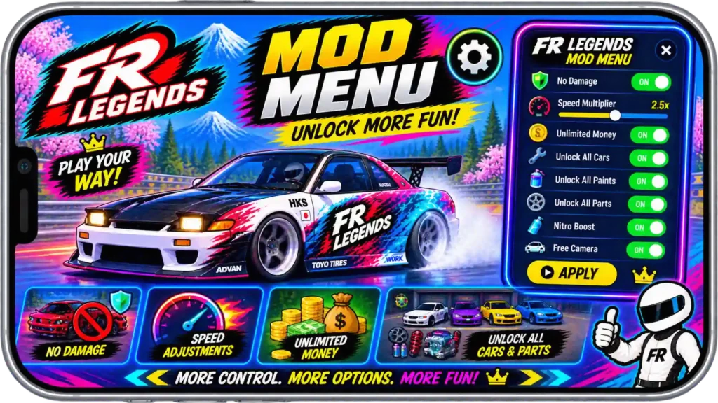 FR Legends Mod APK mod menu showing no damage, speed adjustments, unlimited money, unlocked cars, paints, parts, Nitro Boost, and Free Camera features in a mobile mockup