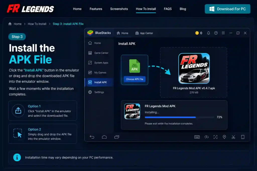 FR Legends Mod APK v0.4.7 for PC download and installation guide showing how to download the game and install it on Windows PC