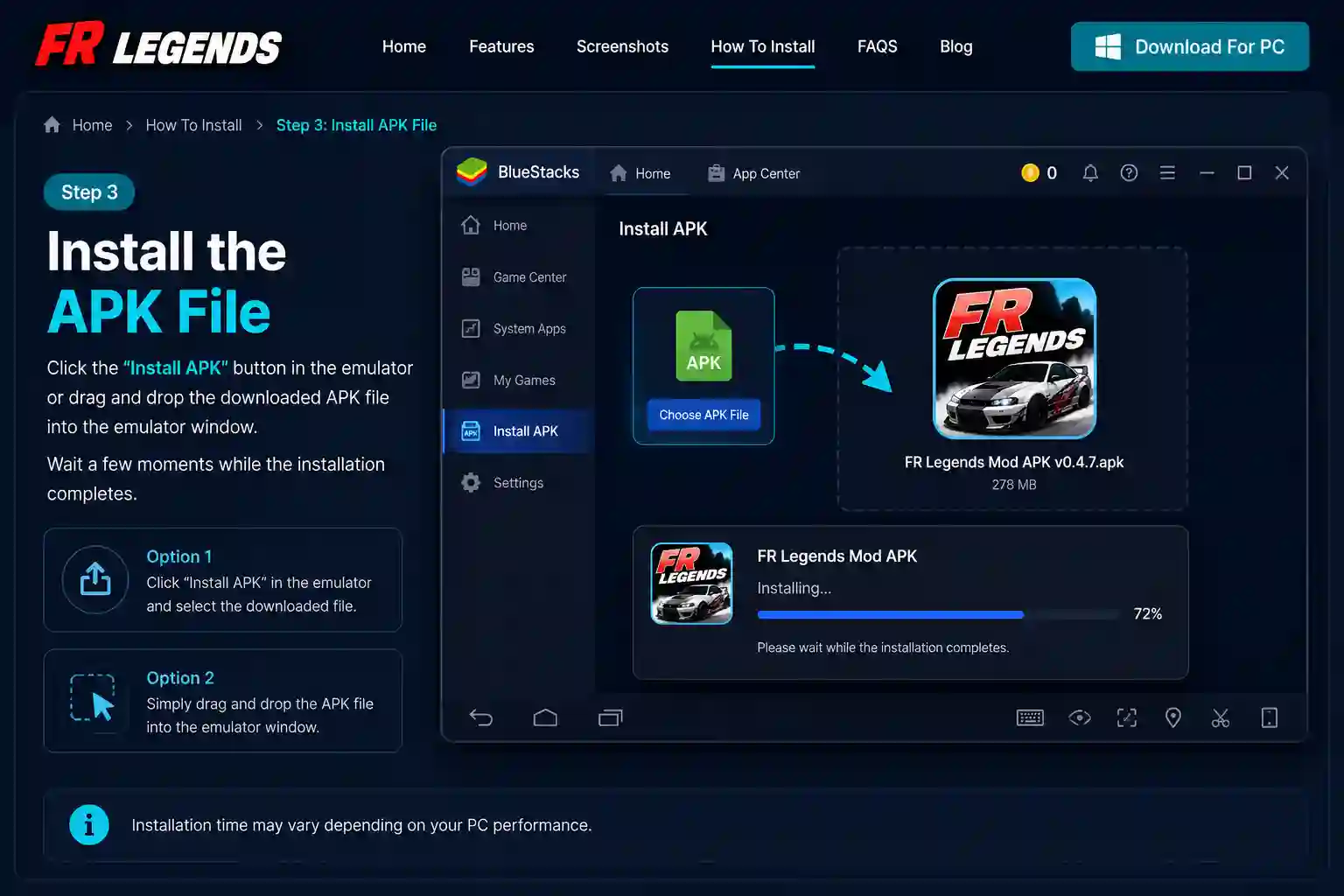 FR Legends Mod APK v0.4.7 for PC download and installation guide showing how to download the game and install it on Windows PC