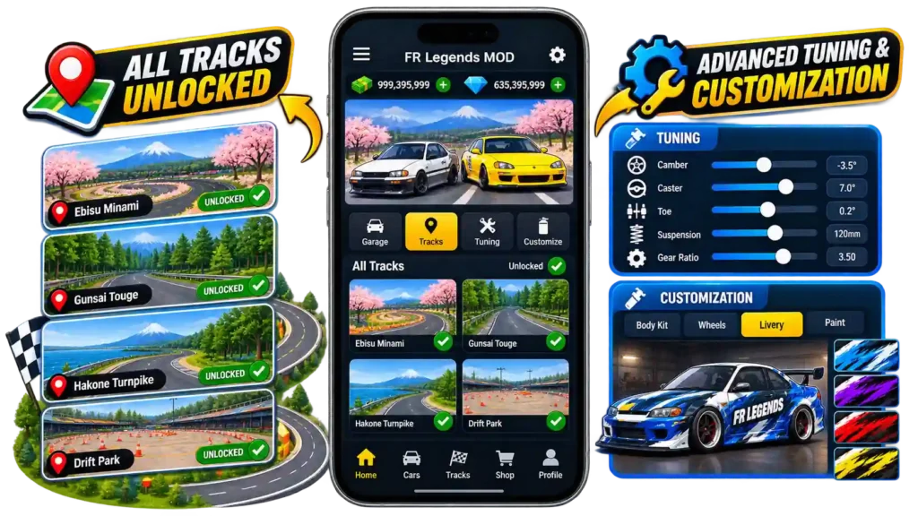 FR Legends MOD APK showing all tracks unlocked with advanced tuning and car customization options