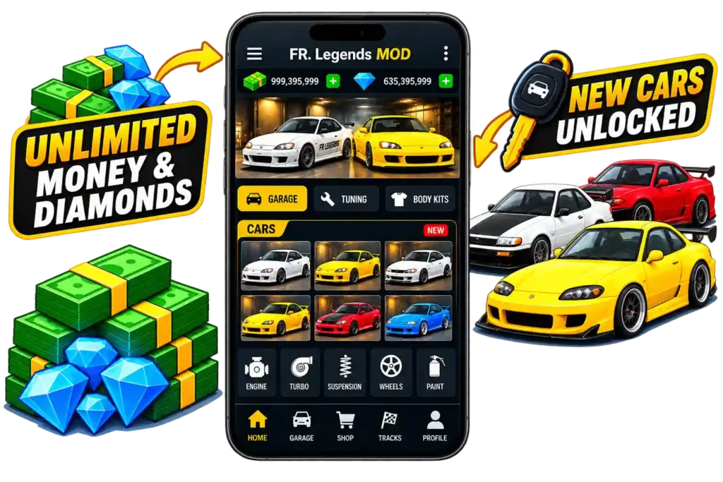 FR Legends MOD APK with unlimited money, diamonds, and new cars unlocked