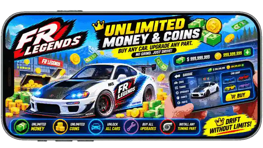 FR Legends MOD APK with unlimited money and coins for cars and upgrades