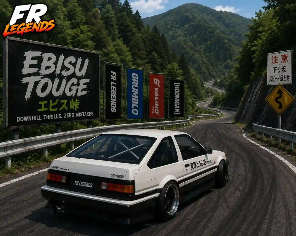 FR Legends gameplay showing a white Toyota Trueno AE86 on the Ebisu Touge downhill course
