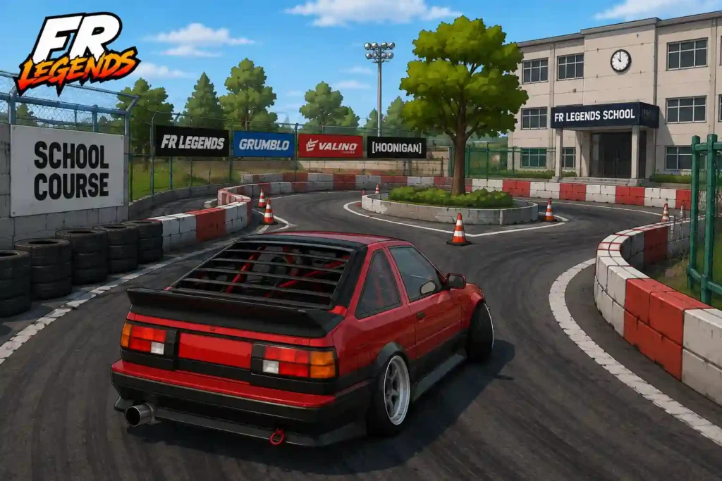 FR Legends gameplay showing a red drift car on the School Course track
