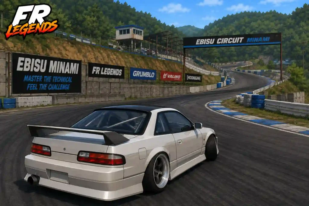 FR Legends gameplay showing a white drift car at Ebisu Minami Circuit
