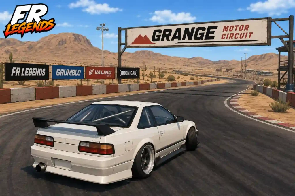 FR Legends gameplay showing a white drift car at Grange Motor Circuit