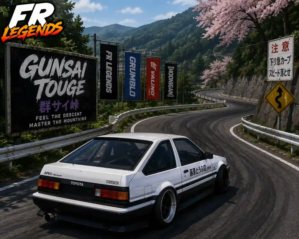 FR Legends gameplay showing a white Toyota Trueno AE86 drifting through the GunSAI Touge mountain course