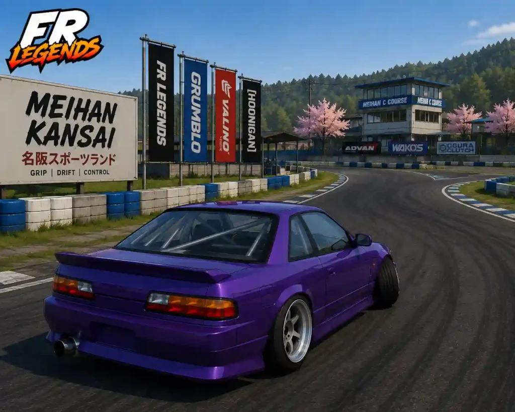 FR Legends gameplay showing a purple drift car at the Meihan C Course