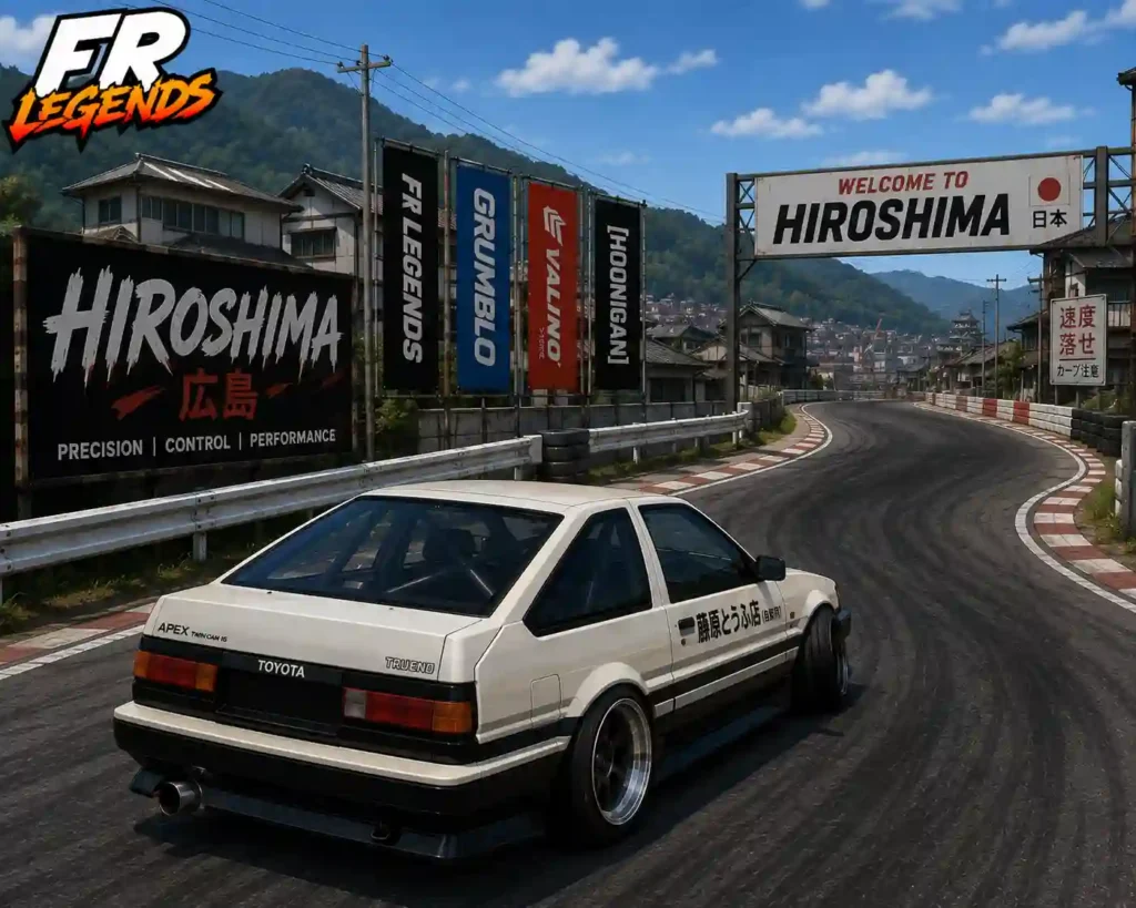 FR Legends gameplay showing a white Toyota Trueno AE86 on the Hiroshima drift course