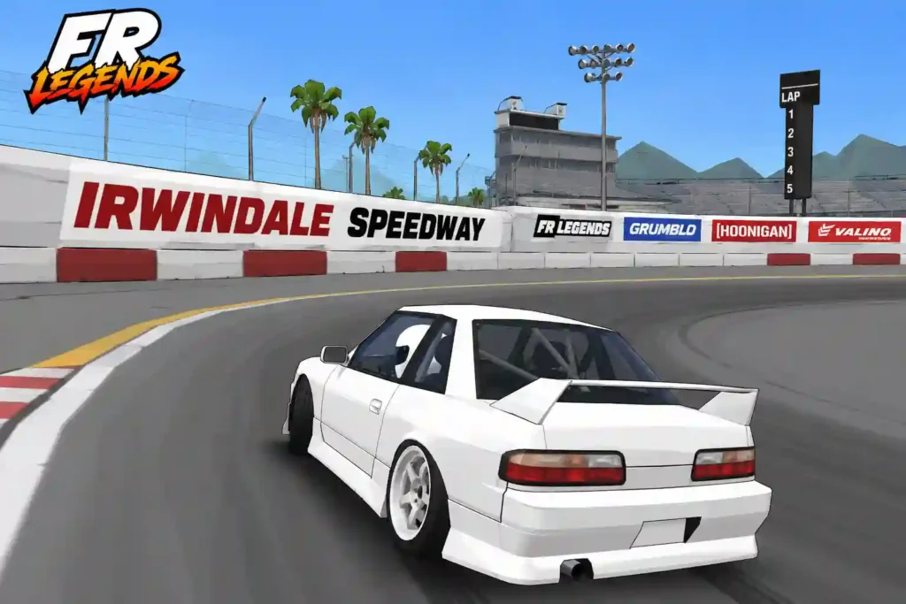 FR Legends gameplay showing a white drift car racing around Irwindale Speedway