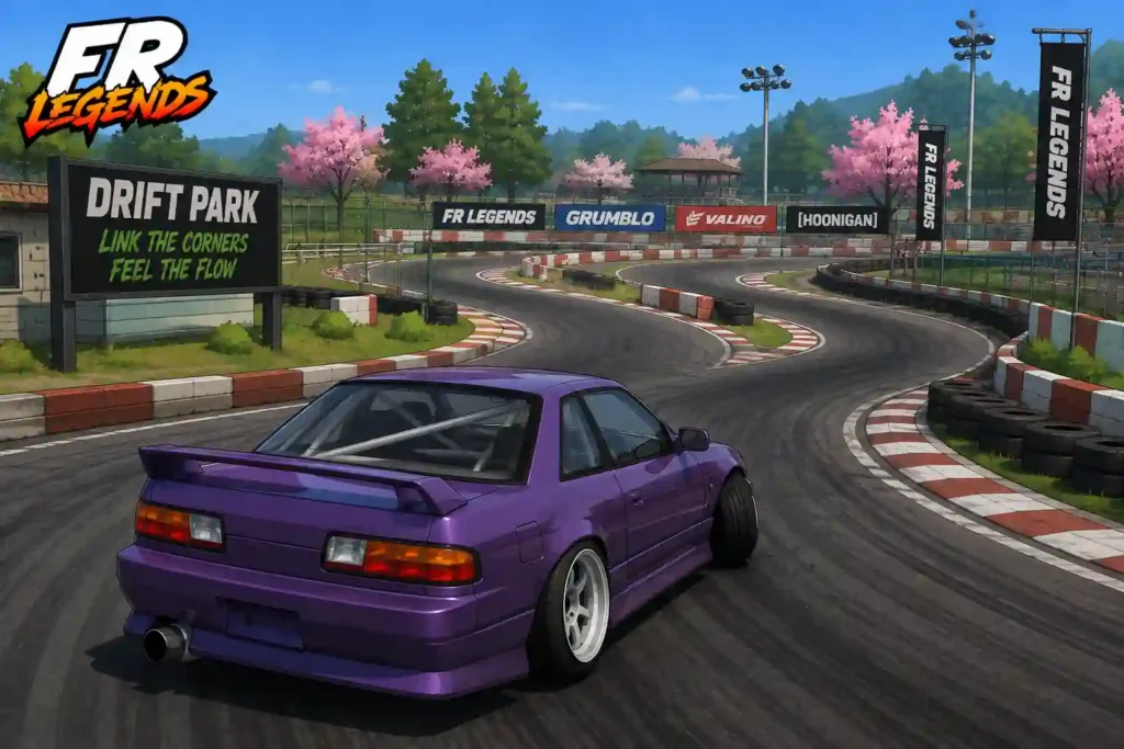 FR Legends gameplay showing a purple drift car driving through the Drift Park course