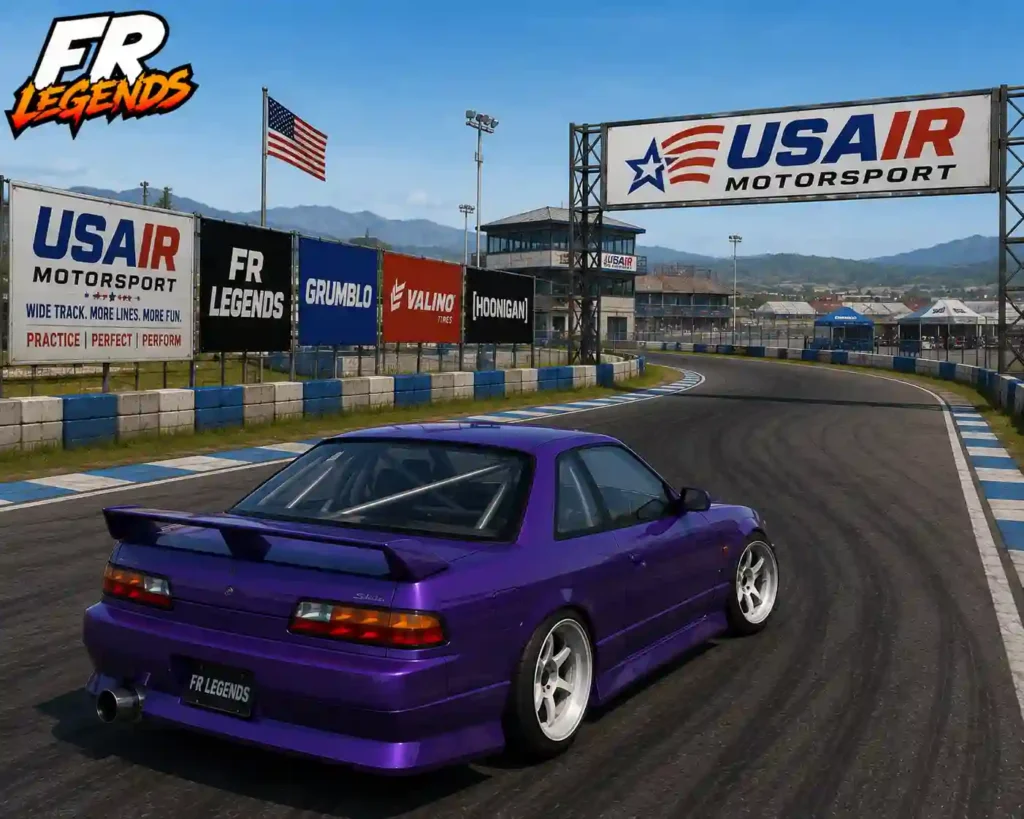 FR Legends gameplay showing a purple drift car at USAIR Motorsport Circuit