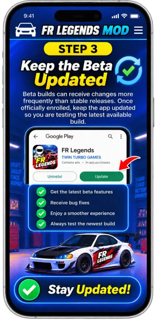 FR Legends beta guide showing how to check beta access, verify the official source, keep the beta updated, protect game progress, and check beta availability again