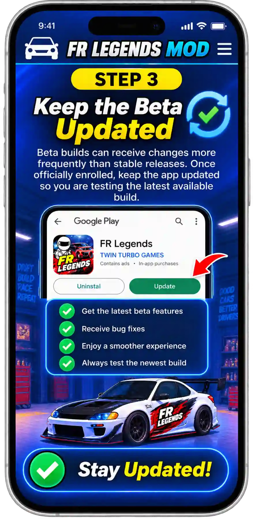 FR Legends beta guide showing how to check beta access, verify the official source, keep the beta updated, protect game progress, and check beta availability again