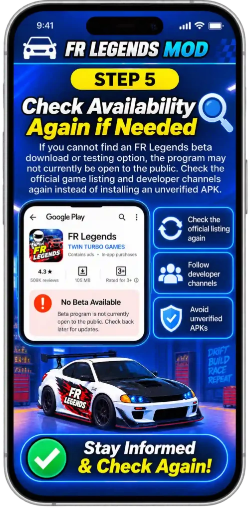 FR Legends beta guide showing how to check beta access, verify the official source, keep the beta updated, protect game progress, and check beta availability again