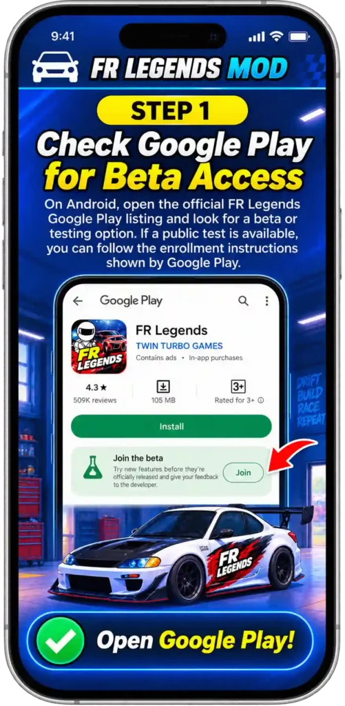 FR Legends beta guide showing how to check beta access, verify the official source, keep the beta updated, protect game progress, and check beta availability again