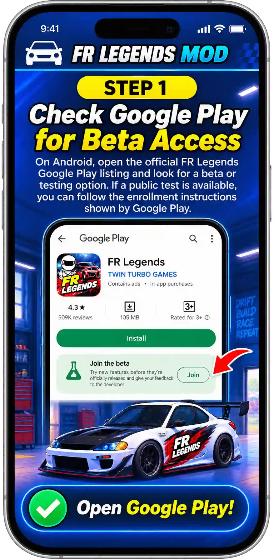 FR Legends beta guide showing how to check beta access, verify the official source, keep the beta updated, protect game progress, and check beta availability again