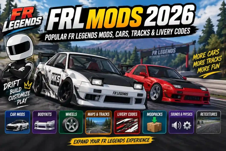 FR Legends Mods 2026 featuring customized drift cars, car mods, bodykits, wheels, maps, tracks, livery codes, modpacks, sounds and physics