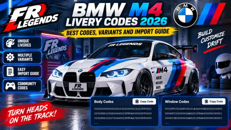 BMW M4 livery codes for FR Legends 2026 with body and window codes, car customization and import guide