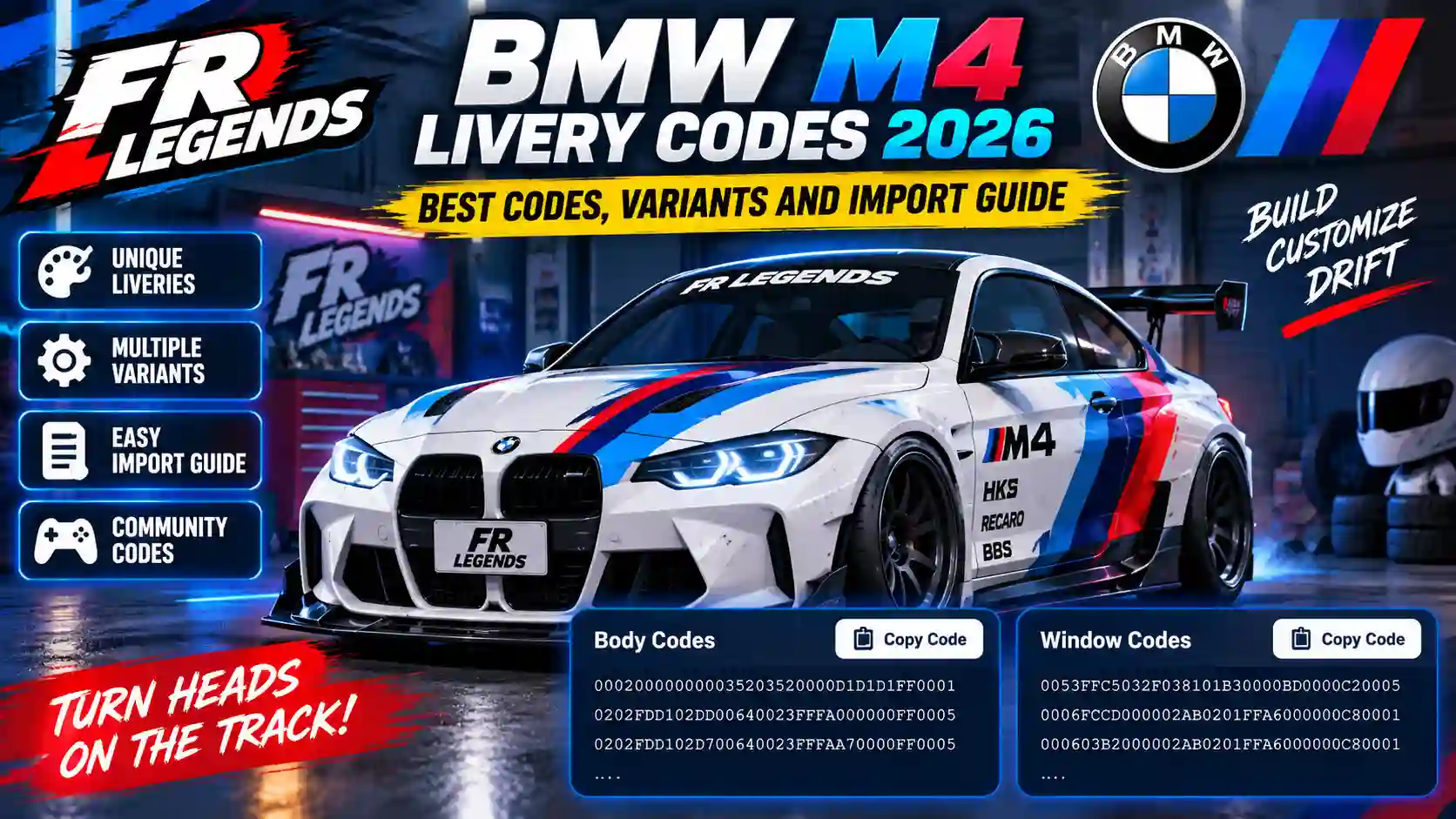 BMW M4 livery codes for FR Legends 2026 with body and window codes, car customization and import guide