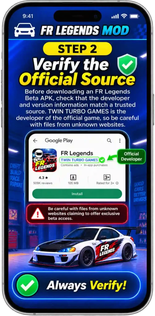 FR Legends beta guide showing how to check beta access, verify the official source, keep the beta updated, protect game progress, and check beta availability again