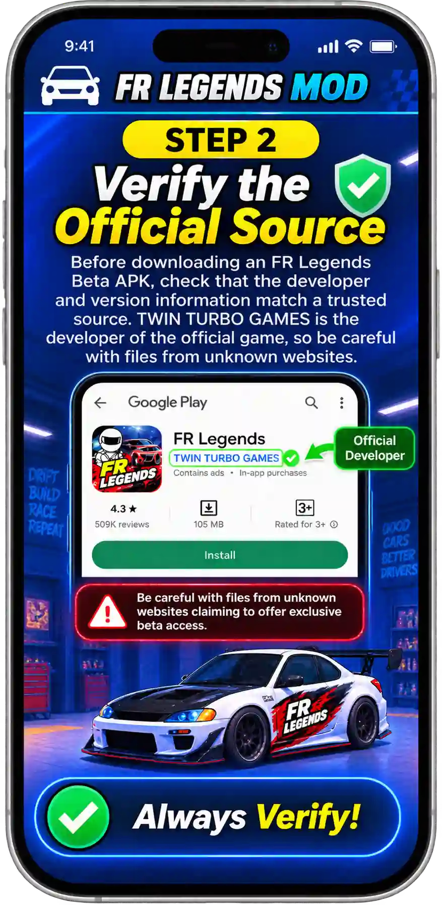 FR Legends beta guide showing how to check beta access, verify the official source, keep the beta updated, protect game progress, and check beta availability again