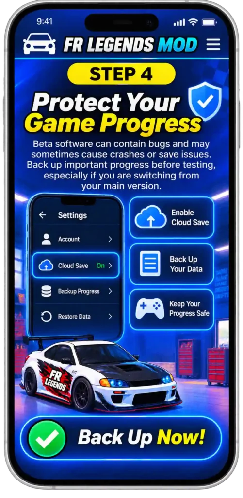 FR Legends beta guide showing how to check beta access, verify the official source, keep the beta updated, protect game progress, and check beta availability again