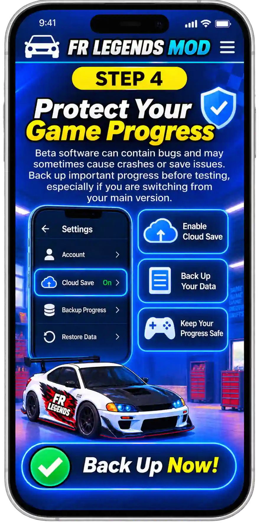FR Legends beta guide showing how to check beta access, verify the official source, keep the beta updated, protect game progress, and check beta availability again